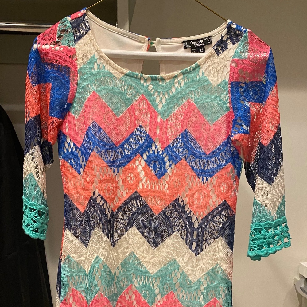 Sequin Hearts dress 3/4 sleeve multicolored chevron lace 12